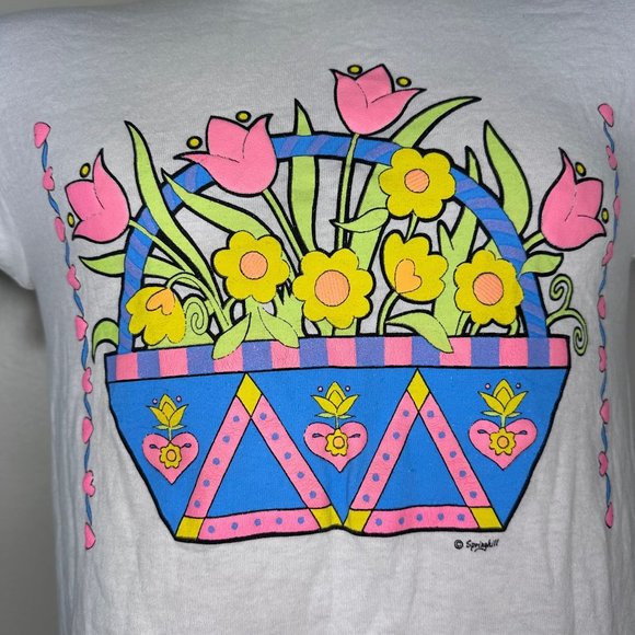 Vintage 1980s/1990s Neon Basket of Flowers T-Shirt, Center Cut Size Small - Picture 2 of 4